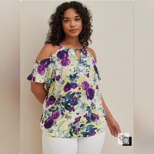 Torrid size 0 Georgette Chain-Link Cold Shoulder Blouse floral print